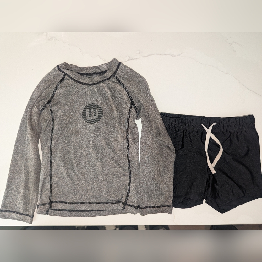 Gray and Black Rash Guard and Shorts